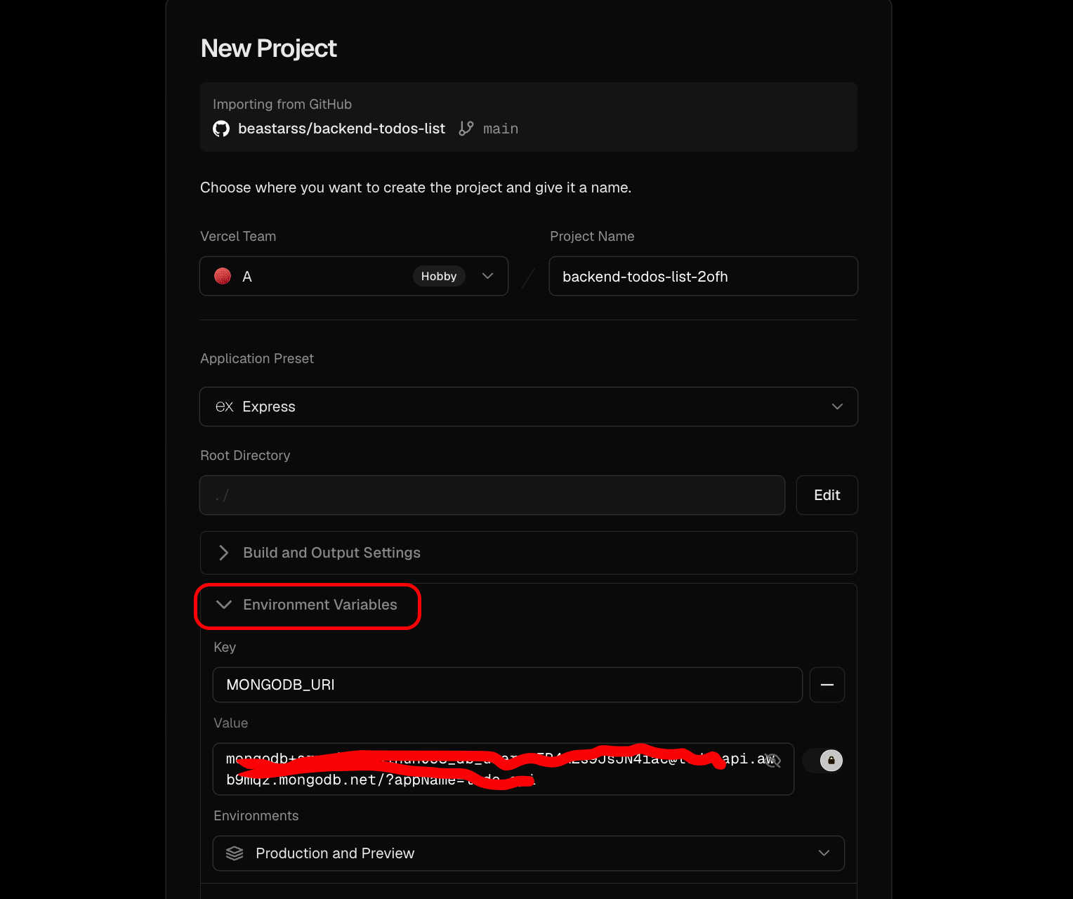 tampilan konfigurasi env variable di vercel