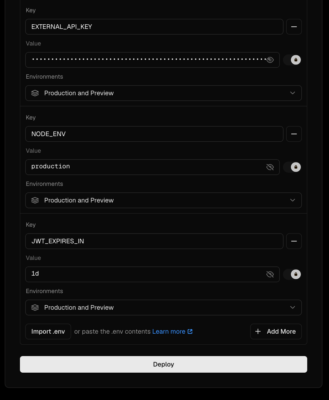 lanjutan tampilan env variable di vercel
