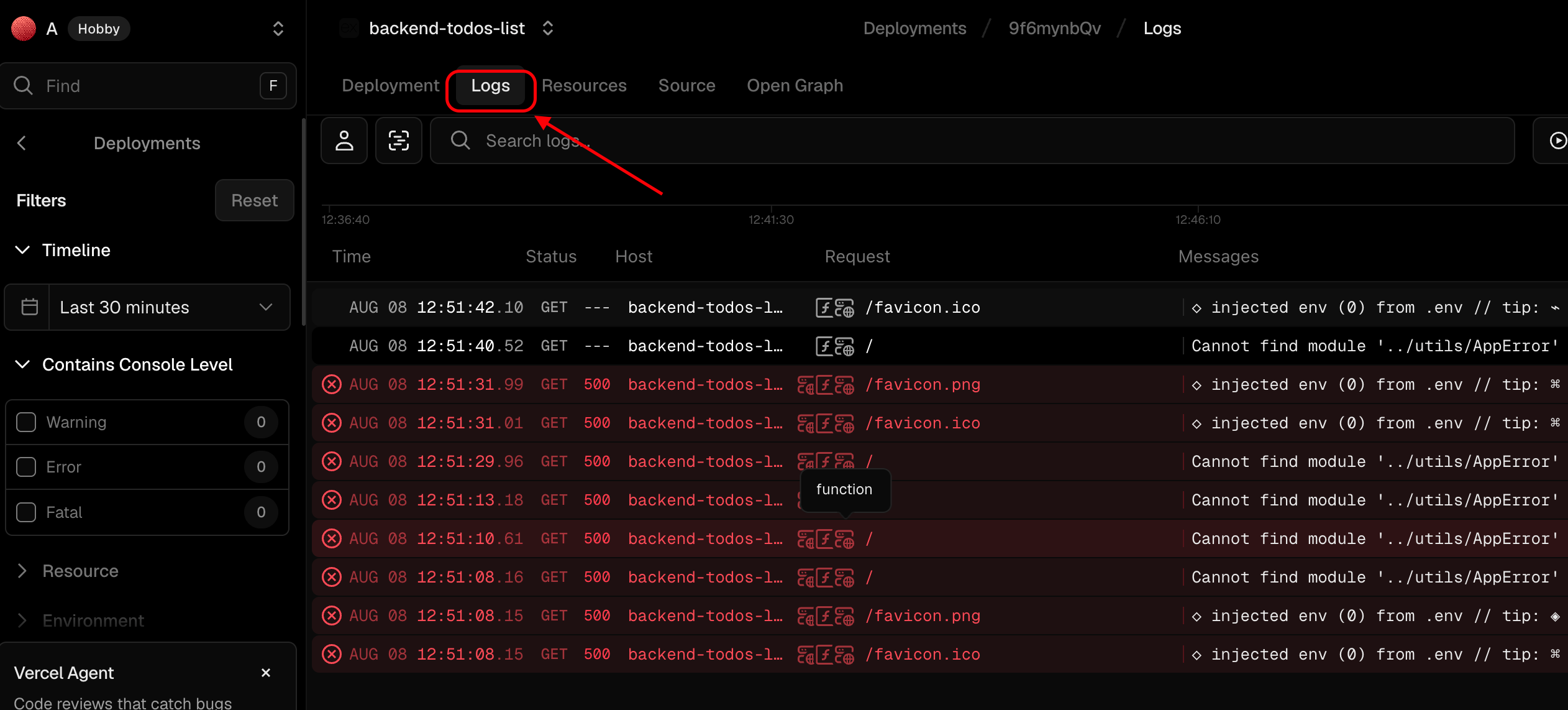 Tampilan log error case Sensitive
